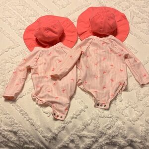 Carters Pink Flamingo swimming suit, 9 months. Twin.
